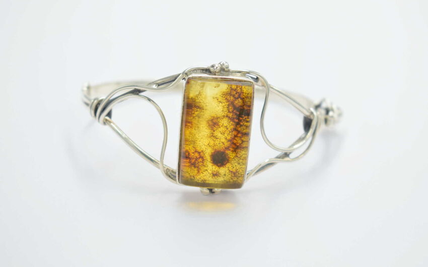 Bransoleta srebrna z bursztynem bałtyckim prostokąt, rękodzieło